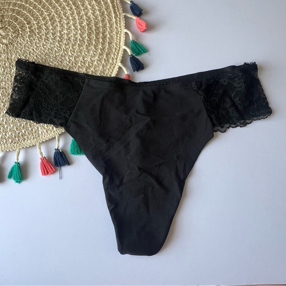 Victoria's Secret No Show Lace Waist Thong Panty Black NEW XXL NEW